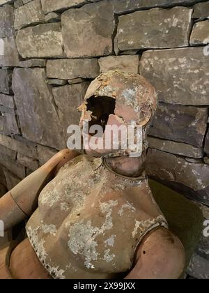 Portrait of wooden vintage scary dummy doll on the background of stone wall Stock Photo