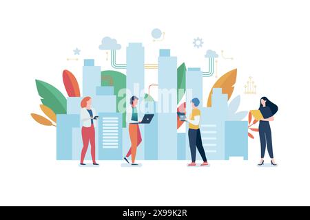 Urban cityscape with people and technology icons. Cloud system concept. data center. cloud communication concept. computing technology flat illustrati Stock Vector