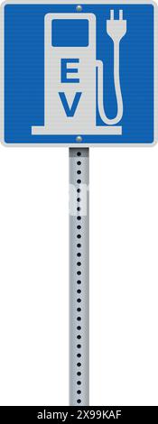 Vector illustration of the Electric Vehicle Charging Station parking  blue sign on metallic post Stock Vector