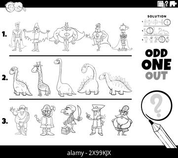 cartoon illustration of odd one out picture in a row educational game for children with comic animal characters coloring page Stock Vector