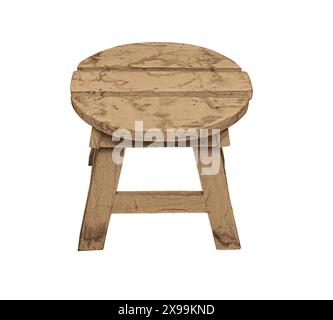 Wooden stool isolated by hand made isolated on white background, clipping path. Stock Photo