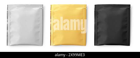 Blank  plastic sachet for medicine, drugs, coffee, sugar, salt, spices, isolated on white background . Stock Photo