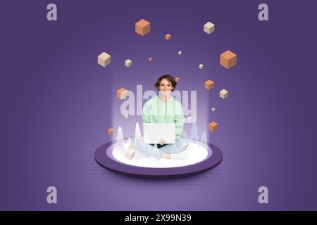 Collage image artwork banner of charming nice woman sitting working wireless netbook isolated on drawing background Stock Photo