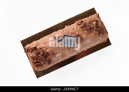Artisan chocolate glazed loaf cake with hazelnut crumbs Stock Photo