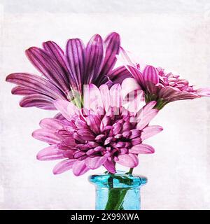 Square photo with digital texture layer of Chrysanthemum tops in blue bottle. Stock Photo