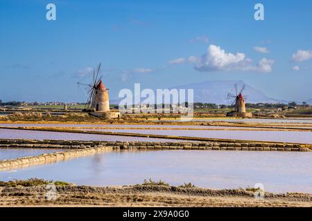 The ancient salt pans and windmills near Marsala / Trapani, Sicily Stock Photo
