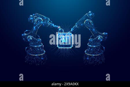 Industrial robotic arms create AI a chip on blue background. Stock Vector