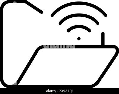 Open file folder and wifi. Wireless file sharing, remote access to digital repository. Cloud synching. Editable icon Stock Vector