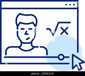 Educational maths male video blogger. Square root and x. Virtual lectures, distance learning opportunities. Vector icon Stock Vector