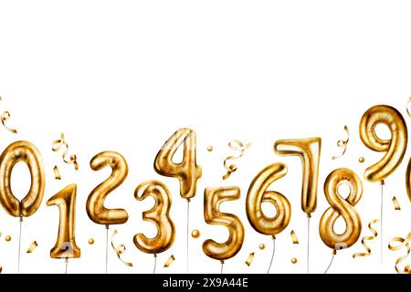 Seamless frame with golden foil balloons digits 0-9. Hand drawn watercolor birthday garland, confetti party numbers zero, one, two, three, four, five Stock Photo