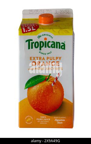 carton of Tropicana extra pulpy Orange with more juicy bits isolated on white background - great value 1.5L Stock Photo