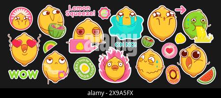 A big set of stickers with cute, emotional lemons. Comic elements in cartoon style. Citrus characters with funny faces in kawaii style. Flat design. Stock Vector