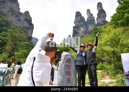 (240530) -- ZHANGJIAJIE, May 30, 2024 (Xinhua) -- South Korean tourists pose for photos at the Zhangjiajie National Forest Park in Zhangjiajie, central China's Hunan Province, May 22, 2024. In the first quarter of 2024, Zhangjiajie saw 105,100 South Korean tourist trips, a 27.07 percent increase compared to the same period in 2019, and is accounted for 40.23 percent of the total number of inbound tourists to Zhangjiajie. Currently, there are direct flights from five cities in South Korea to Zhangjiajie, including Seoul and Busan, with a total of 52 flights per week. (Xinhua/Chen Zhenhai) Stock Photo