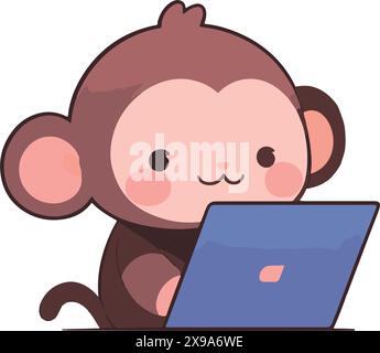 Cute animal friends using a laptop, Monkey Stock Vector