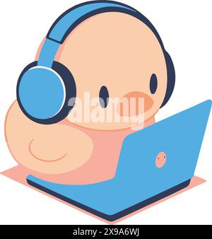 Cute animal friends using a laptop,  Chick Stock Vector