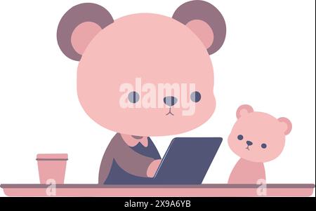 Cute animal friends using a laptop, teddy bear Stock Vector