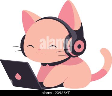 Cute animal friends using a laptop, Cat Stock Vector