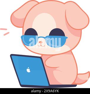 Cute animal friends using a laptop, Puppy Stock Vector