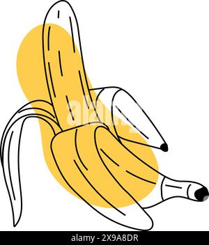 Hand drawn peeled banana abstract icon. Delicious tropical fruit, vegetarian nutrition. Doodle line art ripe banana in sketch style. Minimalistic and modern stylized vector illustration. Stock Vector