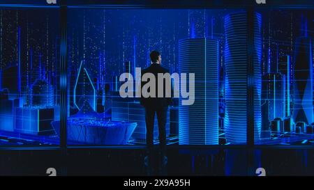 VFX Futuristic Business Concept. Businessman Standing in Front of Digitally Generated Futuristic City with Rendered Skyscrapers and Office Buildings. Success in Information and Big Data Age. Stock Photo