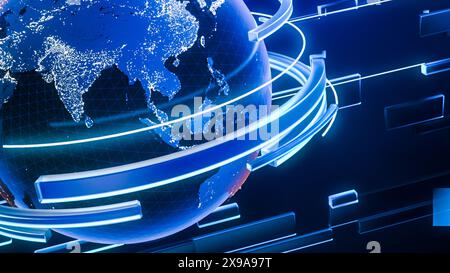 Digitally Generated Spinning Globe for Use as Background in Videos, News Reports And Wallpapers. 3D Planet Earth Revolving with Conceptual Abstract Lines Spinning Around and in the Background. Stock Photo