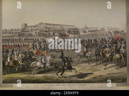 The Cavalry of the Kingdom of Italy, ca. 1811-1812. The scene begins on the parade ground of the Foro Bonaparte in the Castle of Milan. In the centre appears the Viceroy Eugène de Beauharnais (1781-1824), followed by the officers of his General Staff. Behind him a formation of Royal Guards of Honour. The parade is opened by the officer and the two trumpets of the Dragoons of the Royal Guard, followed by the troops: the regiments Dragoni Regina, Dragoni Napoleone and the Artillery of the Royal Guard escorting the cannons towed by the Artillery Train of the Guard. In the background can be seen t Stock Photo