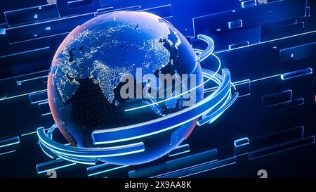 Digitally Generated Spinning Globe for Use as Background in Videos, News Reports And Wallpapers. 3D Planet Earth Revolving with Conceptual Abstract Lines Spinning Around and in the Background. Stock Photo