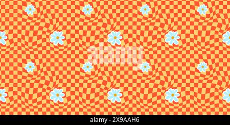 Psychedelic checkerboard and daisy background. Wavy vector illustrations, trendy psychedelic style and groovy color checkerboard. Stock Vector