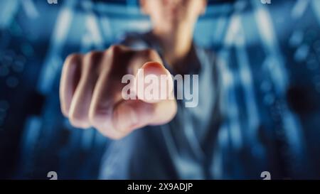 Digitalization Concept: Human Finger Pushes Touch Screen Panel. Template for Futuristic Artificial Intelligence Interface, Visualization of Machine Learning, Computer Technology, Online Connectivity. Stock Photo