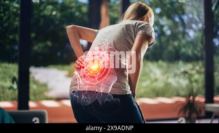 VFX Back Pain Augmented Reality Render. Close Up of a Female Experiencing Discomfort in a Result of Spine Trauma or Arthritis. Massaging and Stretching the Back to Ease the Injury. Stock Photo