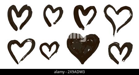 Grunge dirty hearts for your design. Collection of black vector acrylic paint strokes isolated on white background. Brush strokes, stains, drops, spla Stock Vector