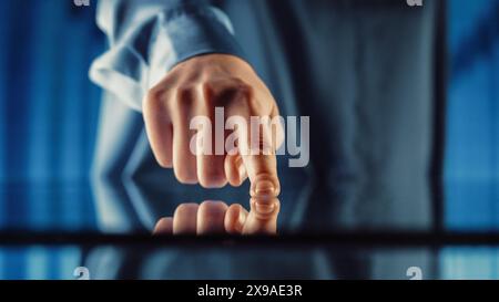 Futuristic Fingerprint Scanner Template: Human Finger Pushes Touch Screen Button to Activate Artificial Intelligence Interface. Visualization of Internet Digitalization Biometrics. Stock Photo