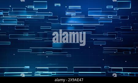 Digital 3D Design With Rectangular Abstract Texture Shapes in Shiny Dark Blue Color for Use as Wallpaper or Background in Videos, News Reports, Loading Screens. Futuristic Screensaver for Devices. Stock Photo