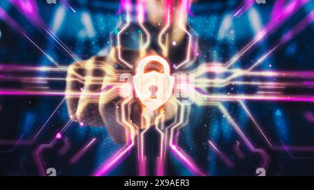 Digitalization Concept: Human Finger Pushes Touch Screen Button and Activates Futuristic Artificial Intelligence Interface. Visualization of Machine Learning, Computer Technology, Online Connectivity. Stock Photo