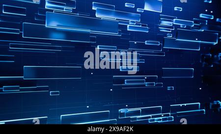 Digital 3D Design With Rectangular Abstract Texture Shapes in Shiny Dark Blue Color for Use as Wallpaper or Background in Videos, News Reports, Loading Screens. Futuristic Screensaver for Devices. Stock Photo