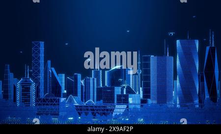 Futuristic City Concept. Wide Shot of Digitally Generated Modern Urban Megapolis with Rendered Skyscrapers Showing Global Big Data Connections, Information Flow and Artificial Intelligence Technology. Stock Photo