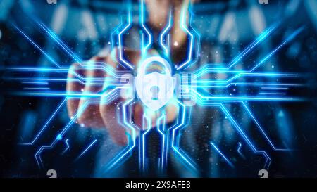 Digitalization Concept: Human Finger Pushes Touch Screen Button and Activates Futuristic Artificial Intelligence Interface. Visualization of Machine Learning, Computer Technology, Online Connectivity. Stock Photo