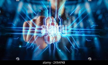Digitalization Concept: Human Finger Pushes Touch Screen Button and Activates Futuristic Artificial Intelligence Interface. Visualization of Machine Learning, Computer Technology Merge with Humanity. Stock Photo