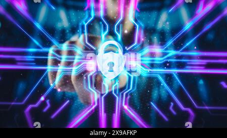 Digitalization Concept: Human Finger Pushes Touch Screen Button and Activates Futuristic Artificial Intelligence Interface. Visualization of Machine Learning, Computer Technology, Online Connectivity. Stock Photo