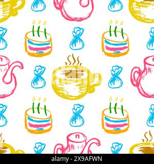 Seamless pattern. Cup, pastry and candy. Children's drawings with wax crayons. Kitchen or cafe design. Print for cloth design, textile, fabric, wallpa Stock Vector