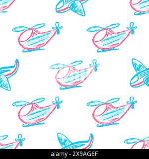 Toys Seamless pattern. Helicopters, airplanes. Children's drawings with wax crayons. Print for cloth design, textile, fabric, wallpaper Stock Vector