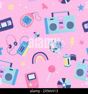 90s retro seamless pattern. Cute bright multicolor elements on pink background. Vector illustration in trendy flat style Stock Vector