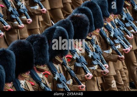 London, UK. 30th May, 2024. The Brigade Major's (Lieutenant Colonel James Shaw) Review of the Household Division to check the troops are of the required standard before they perform at the public ticketed reviews culminating with Trooping the Colour on 15th June. Number 9 Company, Irish Guards troop their Colours. Credit: Guy Bell/Alamy Live News Stock Photo