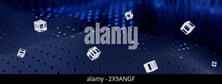 Floating cubes over a wavy perforated surface with a digital background.3d rendering Stock Photo
