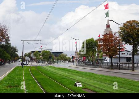 Paris, France - August 18 2017: Tramway railroad oposite the Paris expo Porte de Versailles, the largest exhibition center in France. It is located on Stock Photo