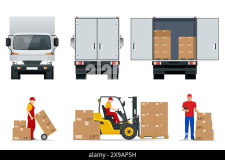 Flat truck side view, rear view. Delivery man. Boxes in a white truck. Open and closed door of container with boxes. Cargo in truck for transportation Stock Vector