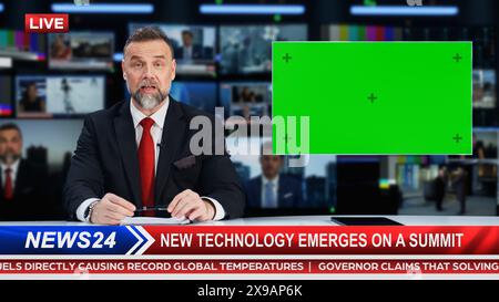 Split Screen TV News Live Report: Anchor Talks, Reporting. Reportage Edit with Picture in Picture Green Screen. Side by Side Chroma Key Display. Television Program on Cable Channel Concept. Stock Photo
