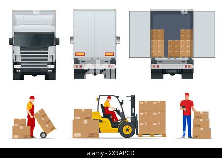 Flat truck side view, rear view. Delivery man. Boxes in a white truck. Open and closed door of container with boxes. Cargo in truck for transportation Stock Vector