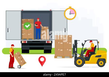 Flat truck side view, rear view. Delivery man. Boxes in a white truck. Open and closed door of container with boxes. Cargo in truck for transportation Stock Vector