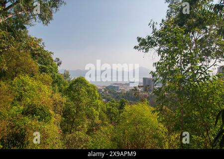 an aerial view of the nanshan district of Shenzhen china on a hazy day from atop guishan mountain scenic area. Stock Photo